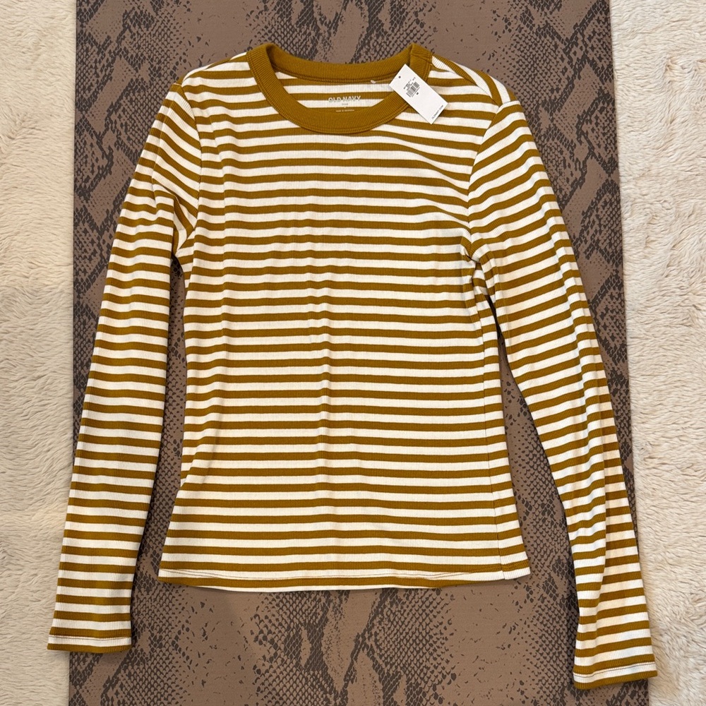 Old Navy Mustard and White Striped Long-Sleeve Crewneck Top